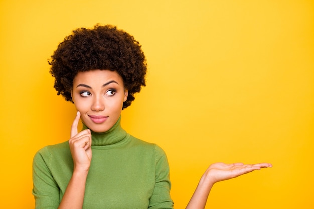 portrait of cheerful cute pretty charming woman holding empty space with hand touching her cheek looking away .