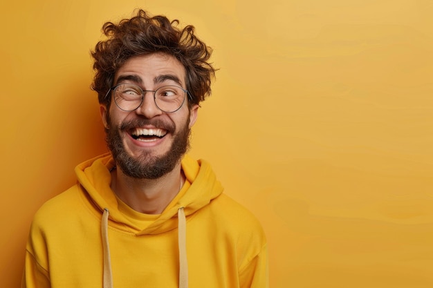 Photo portrait of a cheerful hipster guy smiles happily with excited expression dressed casually