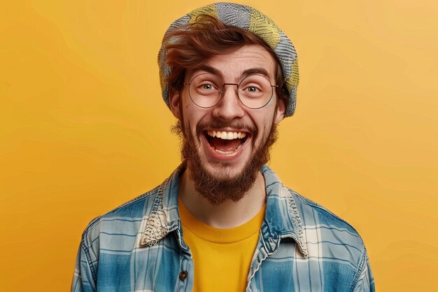 Photo portrait of a cheerful hipster guy smiles happily with excited expression dressed casually