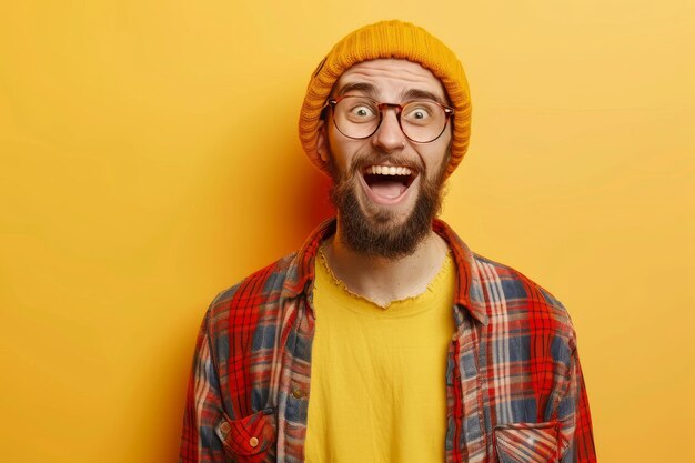 Photo portrait of a cheerful hipster guy smiles happily with excited expression dressed casually