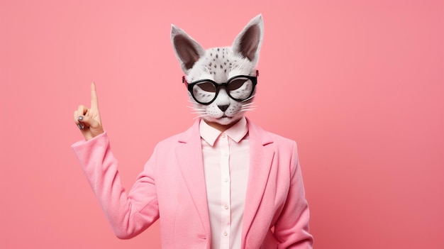 Photo portrait of a cheerful panda in a pink costume and suit holding a panda