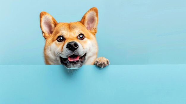 Photo portrait of a cheerful shiba inu peeking over edge with a playful expression set against a light blue background