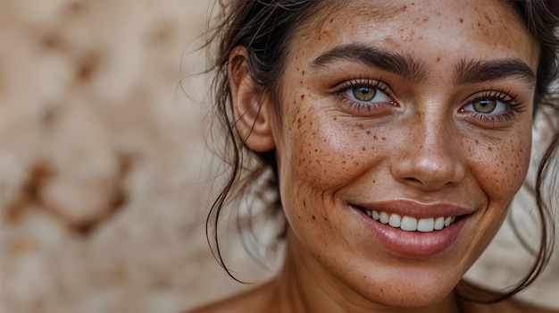 portrait of a cheerful slightly tanned woman with dark hair and freckles