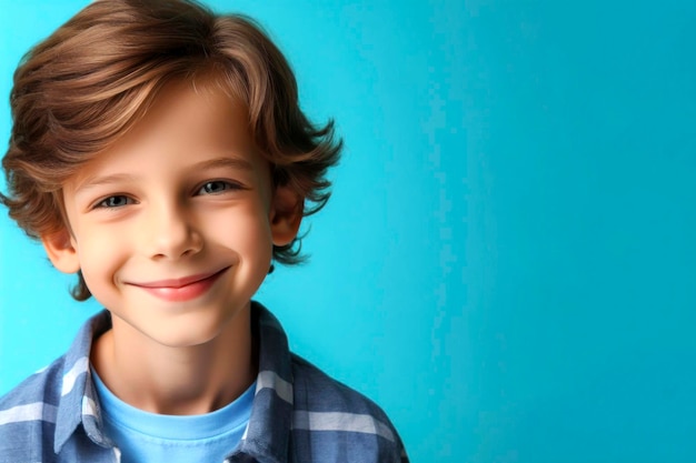 Portrait of a cheerful smiling boy of 10 years old on blue background ai generative