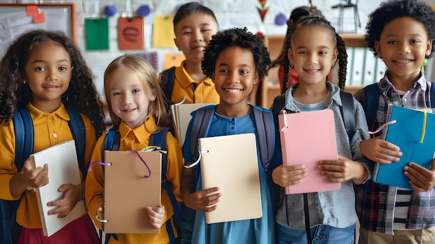 Portrait of cheerful smiling diverse schoolchildren standing posing in classroom hol Generative AI