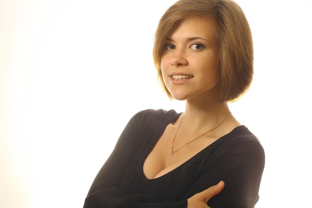 portrait of cheerful smiling girl isolated white background