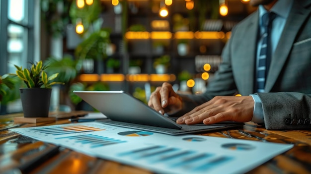 Portrait of cheerful stylish journalist in casual outfit sitting on desk holding gadget in hands using wifi internet in modern office with interior