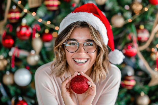 Photo portrait of cheerful woman wearing santa hat