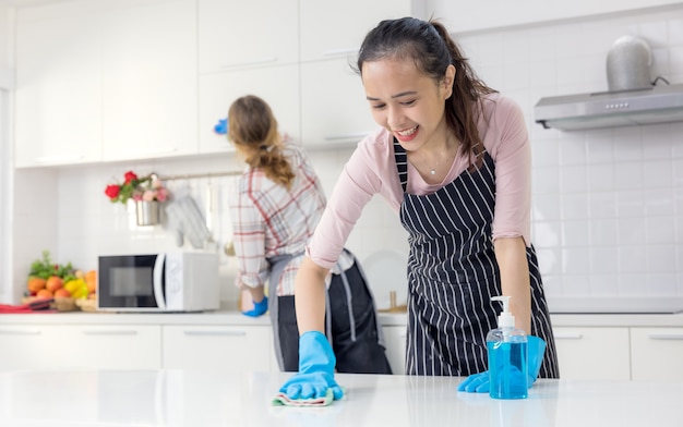 Portrait of cheerful young housewife holding cleaning supplies