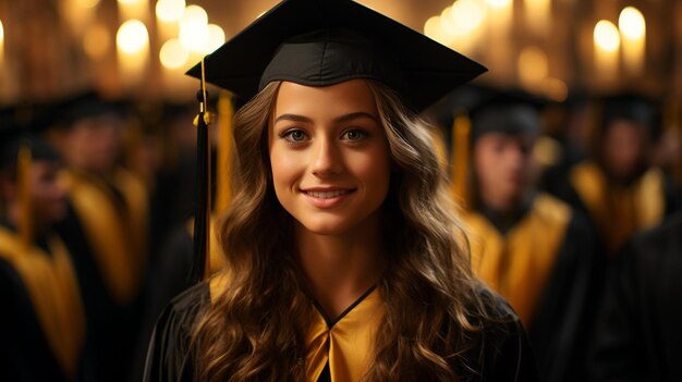 Portrait of cheerful young lady in graduation cap.