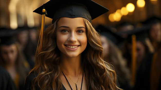 Portrait of cheerful young lady in graduation cap.