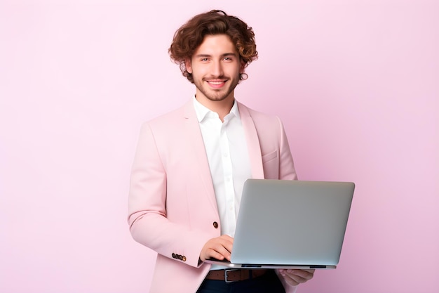 portrait of cheerful young man smiling with laptop in hands