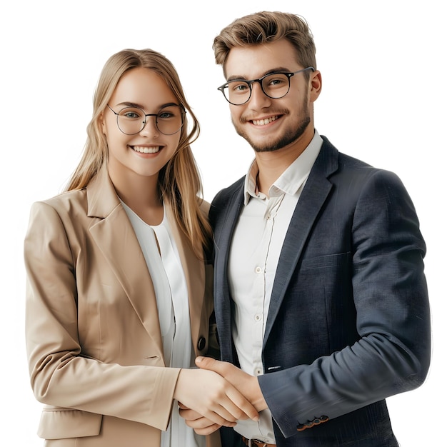 portrait of cheerful young manager handshake with new employee isolated on white background