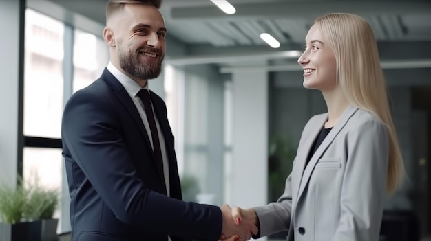 Portrait of cheerful young manager handshake