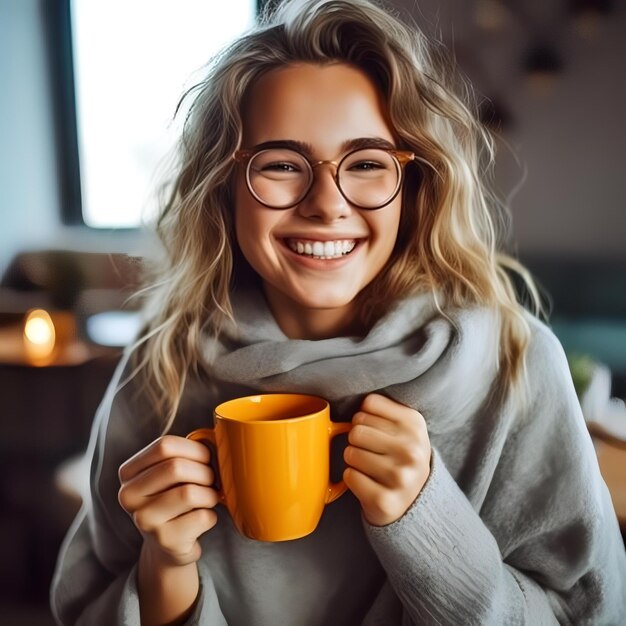 Portrait of Cheerful Young Woman Enjoying a Cup of Coffee