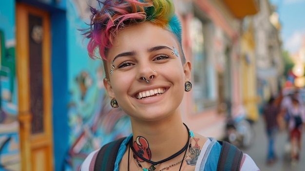 Portrait of a cheerful young woman with colorful hair and piercings smiling in an urban setting