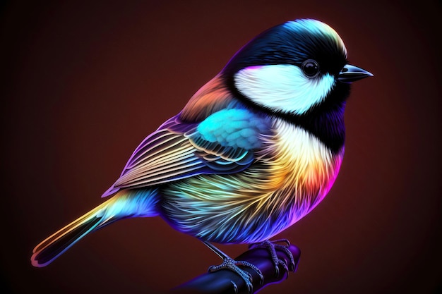 Portrait of chickadee in neon colors on a dark background generative ai