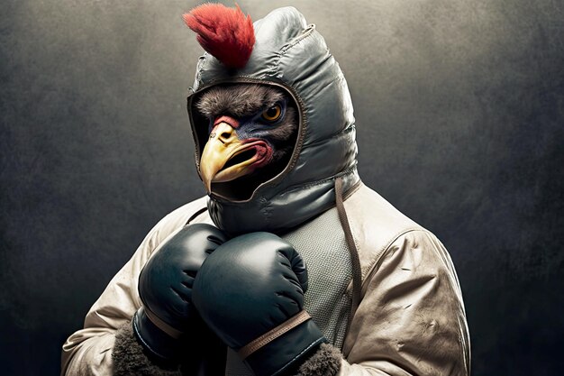 Portrait of chicken in a tracksuit and boxing gloves around his neck generative ai