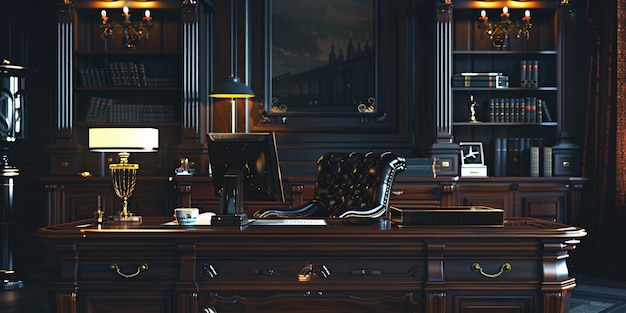 Photo portrait of classic detectives desk with dark working chair cinematic and highly detailed