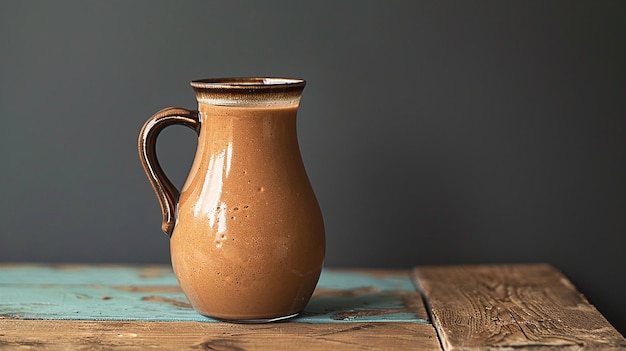 Photo portrait of clay jug with sparkling water on a wooden table