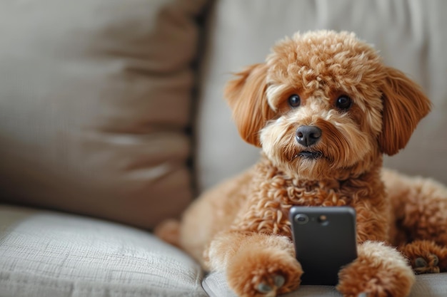 Photo portrait close up modern dog playing holding smartphone sitting on a sofa at home funny animals