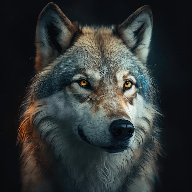 Portrait of close up of wolf created using generative ai technology