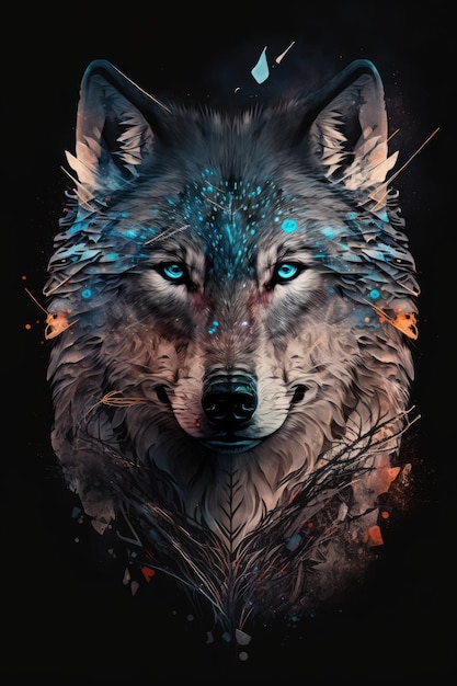 Portrait of close up of wolf created using generative ai technology