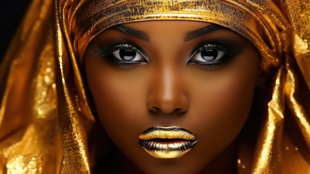 Portrait closeup Beauty fantasy African woman's face in gold paint Golden shiny skin Fashion model girl goddess hand fingers posing Arab turban head jeweler bracelets Professional metallic makeup