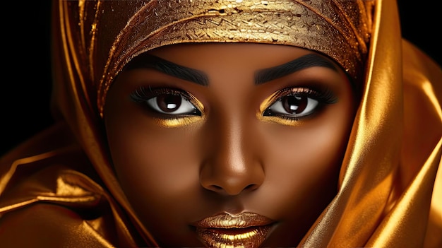 Portrait closeup Beauty fantasy African woman's face in gold paint Golden shiny skin Fashion model girl goddess hand fingers posing Arab turban head jeweler bracelets Professional metallic makeup