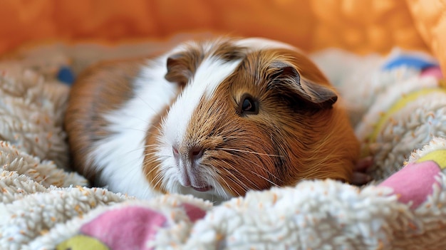 Photo portrait of closeup cuddly guinea pig snoozing