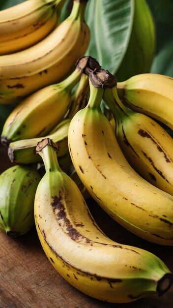 A portrait closeup photo showcasing a bunch of fresh bananas