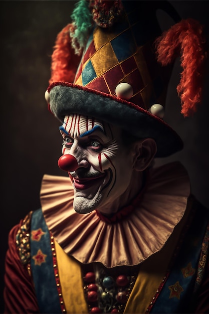 A portrait of a clown with red eyes and red nose