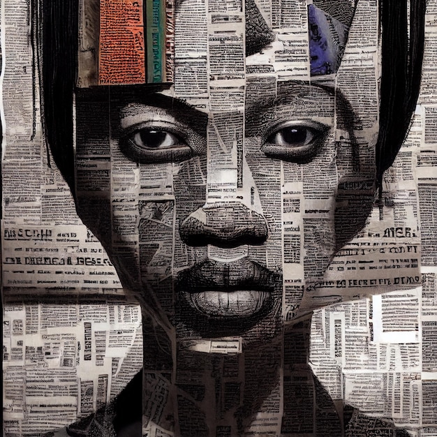 Portrait collage of African American woman made of magazines 3d rendering