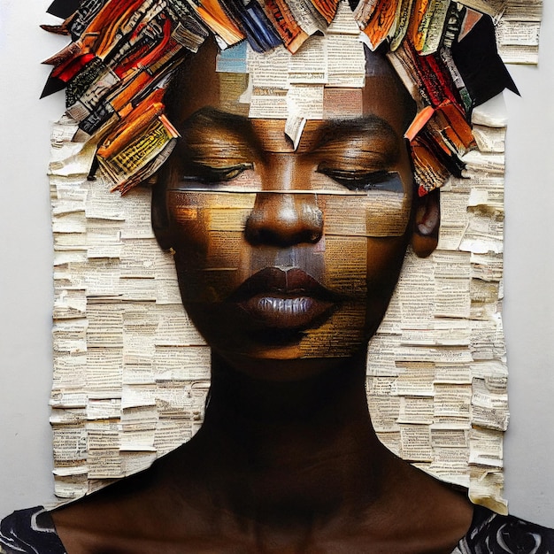 Portrait collage of African American woman made of magazines 3d rendering