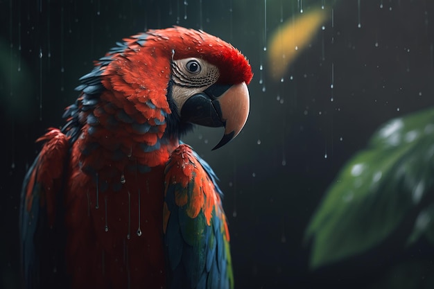 Portrait of colorful parrot in jungle looking at camera Wet tropical exotic bird in rain in nature Generative AI illustration