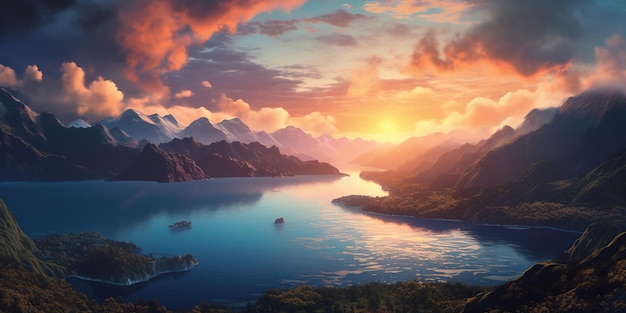 Portrait of a colorful sunset over Lake St Mary and Wild Goose Island in Glacier National Park attraction