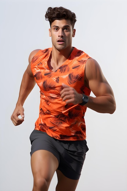 portrait of a concentrated young sports man running isolated on grey background