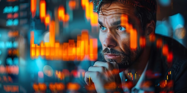 Photo portrait of concerned european businessman thinking in blurry office