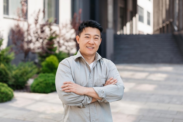 Portrait of confident asian entrepreneur posing with crossed arms and looking at camera near office building