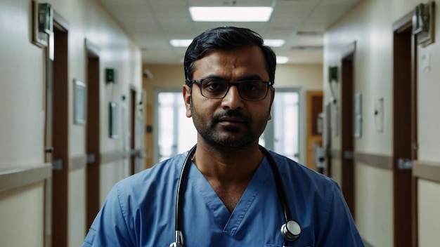 Portrait of confident Asian Indian medical doctor standing at hospital building