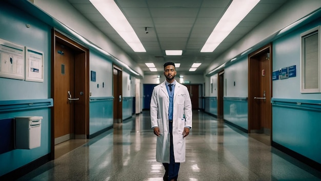 Portrait of confident Asian Indian medical doctor standing at hospital building