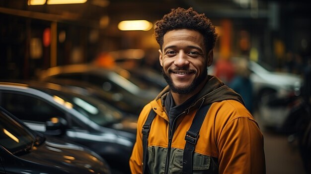 portrait of confident black man in garage