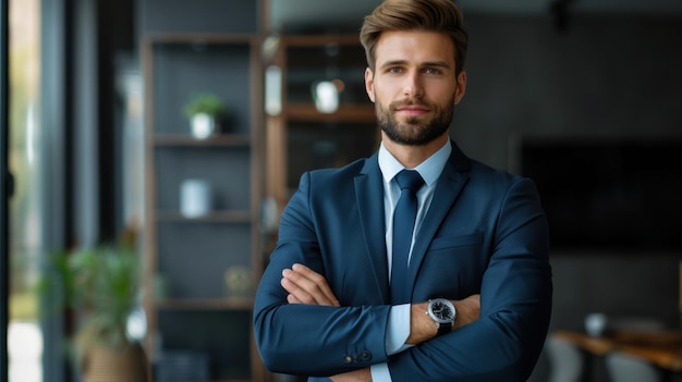 Photo portrait of a confident businessman in a blue suit standing with crossed arms in a modern stylish office environment