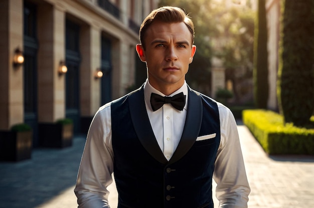 Portrait of confident businessman young guy in vest and bow tie posing at greenery park strong look