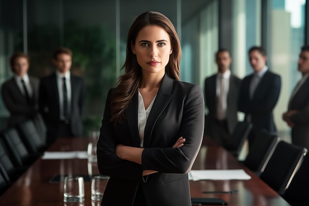 Portrait of confident businesswoman standing with arms crossed in conference room