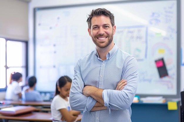 Portrait of confident Caucasian male teacher in classroom