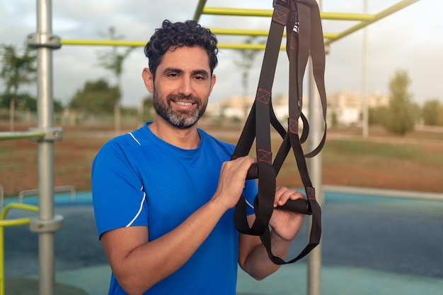 Portrait of confident caucasian man during workout with suspension TRX on street