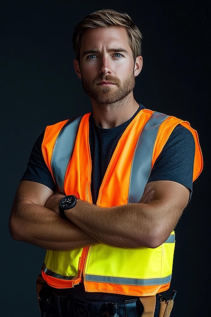 Photo portrait of a confident construction worker wearing a reflective safety vest with arms crossed