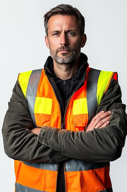 Photo portrait of a confident construction worker wearing a reflective safety vest with arms crossed