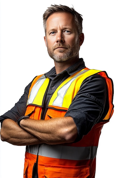 Photo portrait of a confident construction worker wearing a reflective safety vest with arms crossed